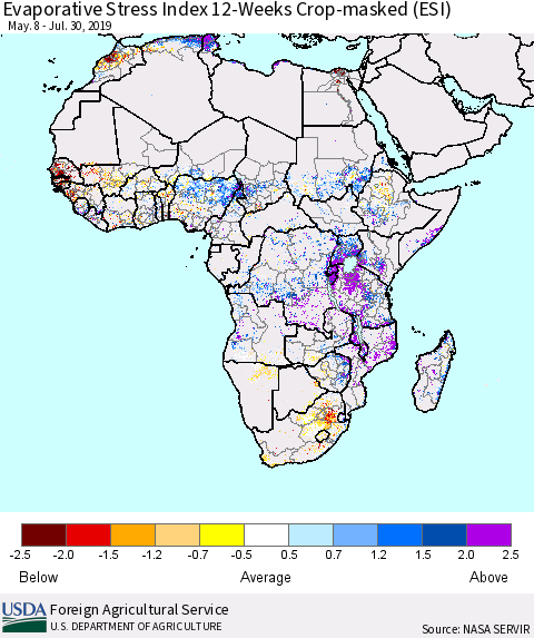 Africa Evaporative Stress Index (ESI), 12-Weeks over Croplands Thematic Map For 7/29/2019 - 8/4/2019
