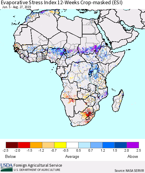 Africa Evaporative Stress Index (ESI), 12-Weeks over Croplands Thematic Map For 8/26/2019 - 9/1/2019