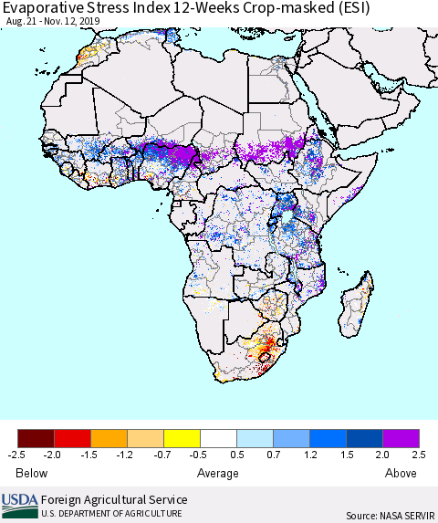 Africa Evaporative Stress Index (ESI), 12-Weeks over Croplands Thematic Map For 11/11/2019 - 11/17/2019