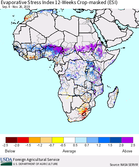 Africa Evaporative Stress Index (ESI), 12-Weeks over Croplands Thematic Map For 11/25/2019 - 12/1/2019