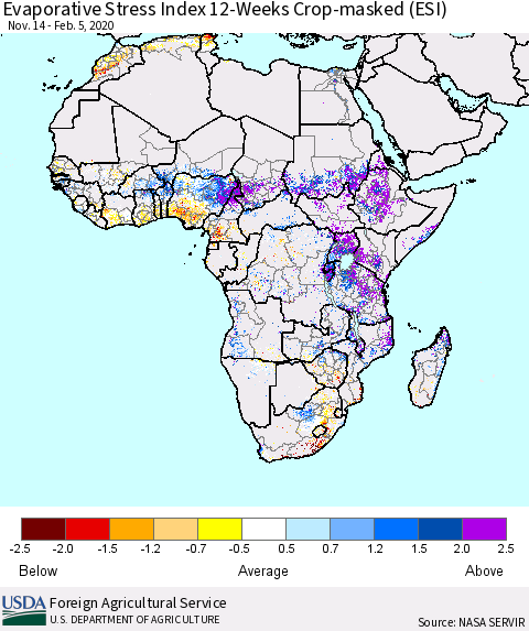 Africa Evaporative Stress Index (ESI), 12-Weeks over Croplands Thematic Map For 2/3/2020 - 2/9/2020