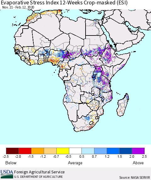 Africa Evaporative Stress Index (ESI), 12-Weeks over Croplands Thematic Map For 2/10/2020 - 2/16/2020