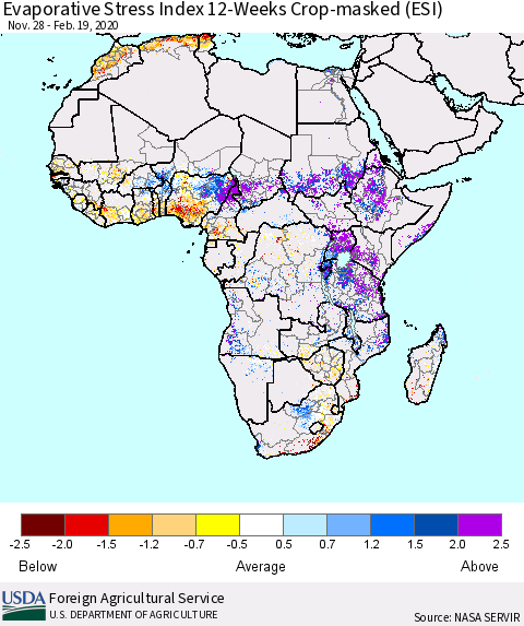 Africa Evaporative Stress Index (ESI), 12-Weeks over Croplands Thematic Map For 2/17/2020 - 2/23/2020
