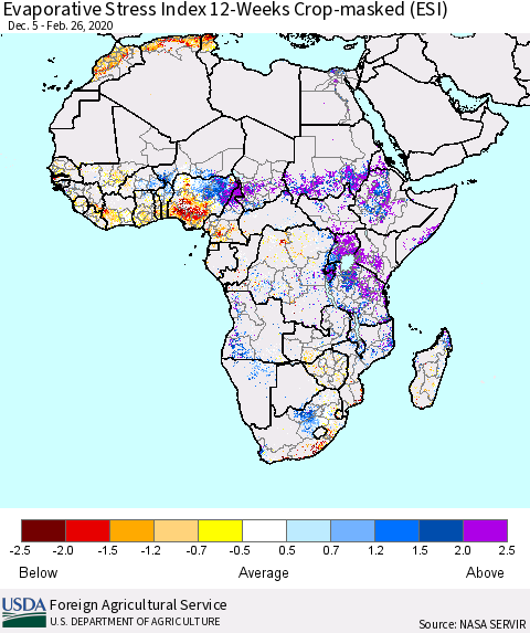 Africa Evaporative Stress Index (ESI), 12-Weeks over Croplands Thematic Map For 2/24/2020 - 3/1/2020