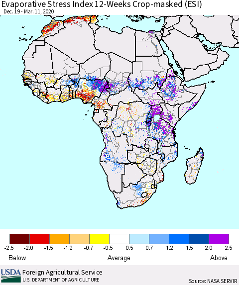 Africa Evaporative Stress Index (ESI), 12-Weeks over Croplands Thematic Map For 3/9/2020 - 3/15/2020