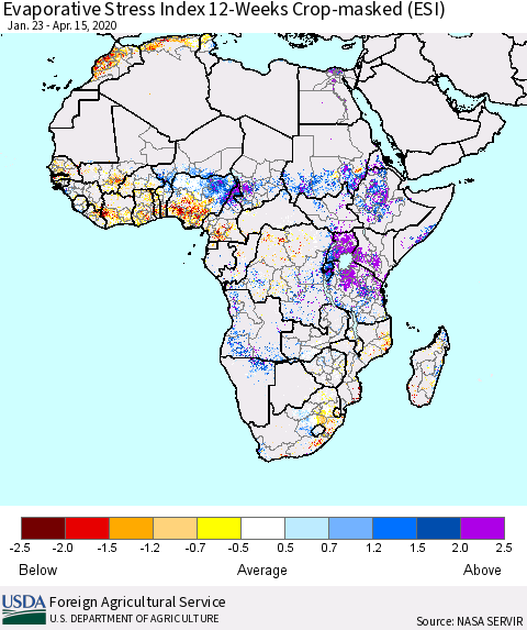 Africa Evaporative Stress Index (ESI), 12-Weeks over Croplands Thematic Map For 4/13/2020 - 4/19/2020