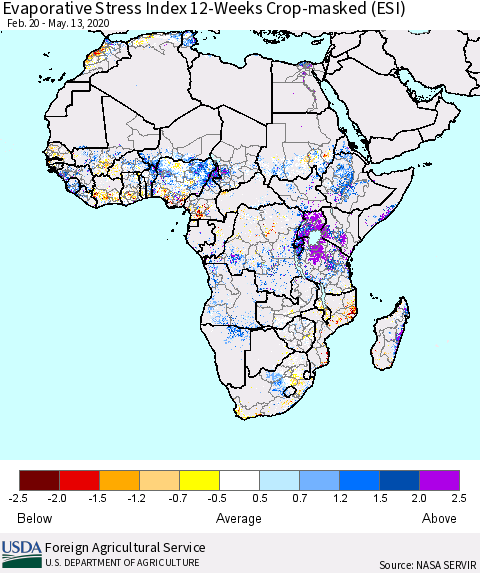 Africa Evaporative Stress Index (ESI), 12-Weeks over Croplands Thematic Map For 5/11/2020 - 5/17/2020