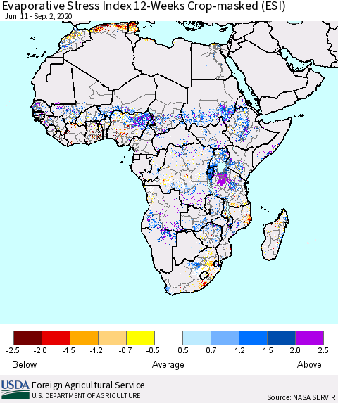 Africa Evaporative Stress Index (ESI), 12-Weeks over Croplands Thematic Map For 8/31/2020 - 9/6/2020