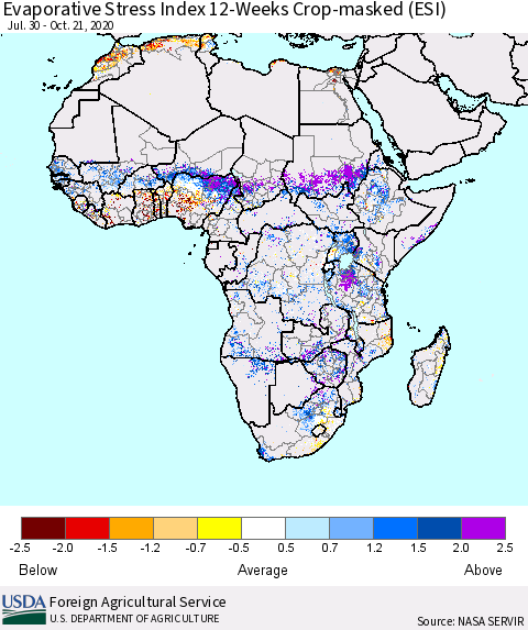 Africa Evaporative Stress Index (ESI), 12-Weeks over Croplands Thematic Map For 10/19/2020 - 10/25/2020