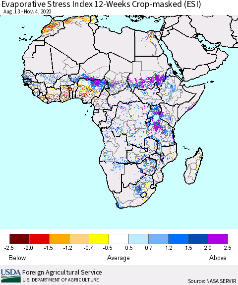Africa Evaporative Stress Index (ESI), 12-Weeks over Croplands Thematic Map For 11/2/2020 - 11/8/2020