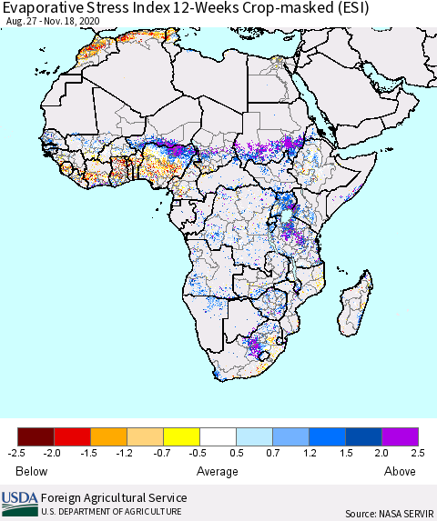 Africa Evaporative Stress Index (ESI), 12-Weeks over Croplands Thematic Map For 11/16/2020 - 11/22/2020