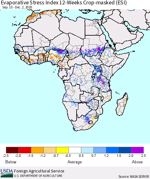 Africa Evaporative Stress Index (ESI), 12-Weeks over Croplands Thematic Map For 11/30/2020 - 12/6/2020