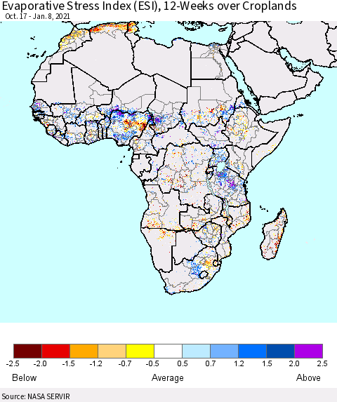 Africa Evaporative Stress Index (ESI), 12-Weeks over Croplands Thematic Map For 1/4/2021 - 1/10/2021