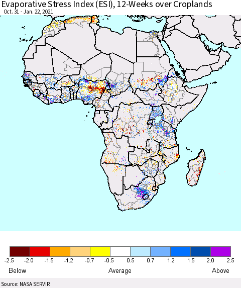 Africa Evaporative Stress Index (ESI), 12-Weeks over Croplands Thematic Map For 1/18/2021 - 1/24/2021