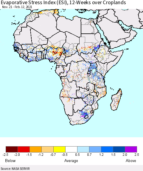 Africa Evaporative Stress Index (ESI), 12-Weeks over Croplands Thematic Map For 2/8/2021 - 2/14/2021