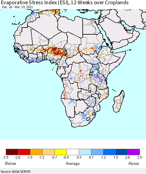 Africa Evaporative Stress Index (ESI), 12-Weeks over Croplands Thematic Map For 3/15/2021 - 3/21/2021