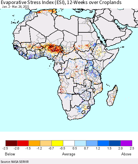 Africa Evaporative Stress Index (ESI), 12-Weeks over Croplands Thematic Map For 3/22/2021 - 3/28/2021