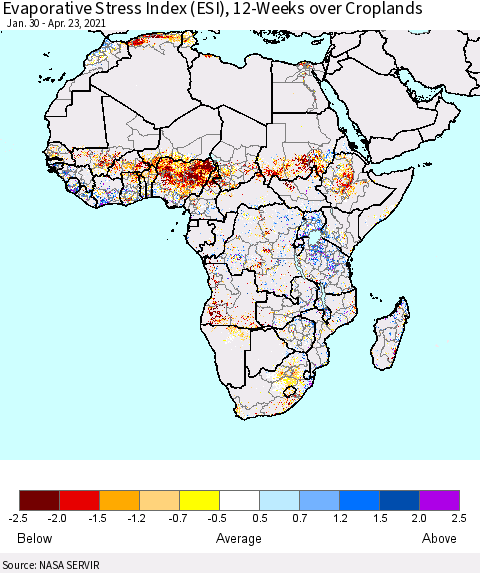 Africa Evaporative Stress Index (ESI), 12-Weeks over Croplands Thematic Map For 4/19/2021 - 4/25/2021