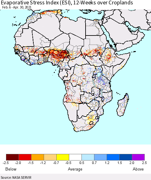 Africa Evaporative Stress Index (ESI), 12-Weeks over Croplands Thematic Map For 4/26/2021 - 5/2/2021