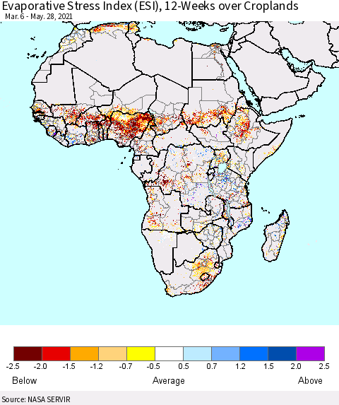 Africa Evaporative Stress Index (ESI), 12-Weeks over Croplands Thematic Map For 5/24/2021 - 5/30/2021