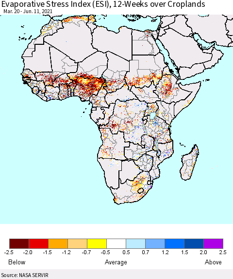 Africa Evaporative Stress Index (ESI), 12-Weeks over Croplands Thematic Map For 6/7/2021 - 6/13/2021