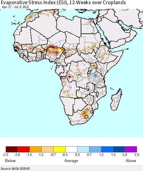 Africa Evaporative Stress Index (ESI), 12-Weeks over Croplands Thematic Map For 7/5/2021 - 7/11/2021