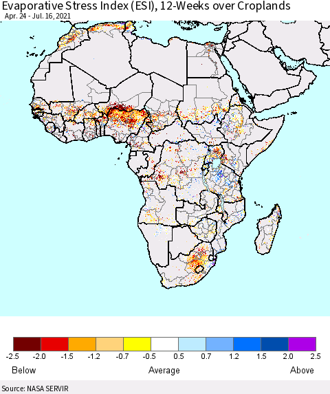 Africa Evaporative Stress Index (ESI), 12-Weeks over Croplands Thematic Map For 7/12/2021 - 7/18/2021