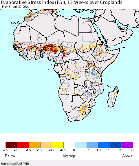 Africa Evaporative Stress Index (ESI), 12-Weeks over Croplands Thematic Map For 7/26/2021 - 8/1/2021