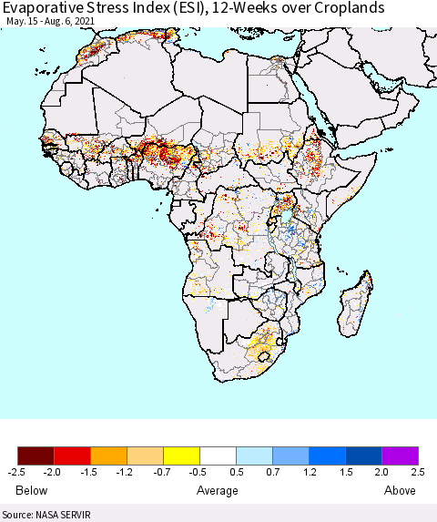 Africa Evaporative Stress Index (ESI), 12-Weeks over Croplands Thematic Map For 8/2/2021 - 8/8/2021
