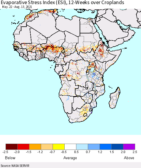 Africa Evaporative Stress Index (ESI), 12-Weeks over Croplands Thematic Map For 8/9/2021 - 8/15/2021