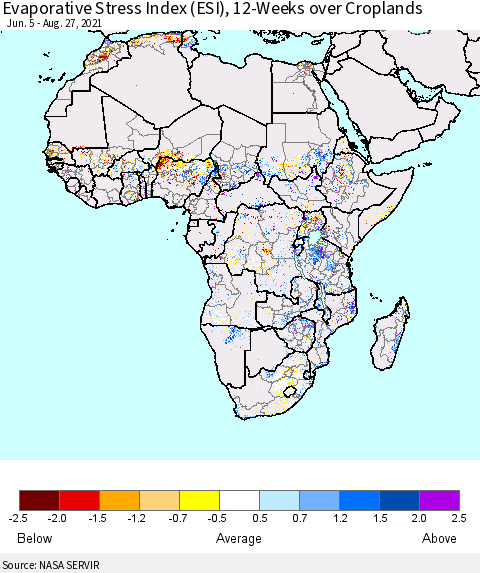 Africa Evaporative Stress Index (ESI), 12-Weeks over Croplands Thematic Map For 8/23/2021 - 8/29/2021
