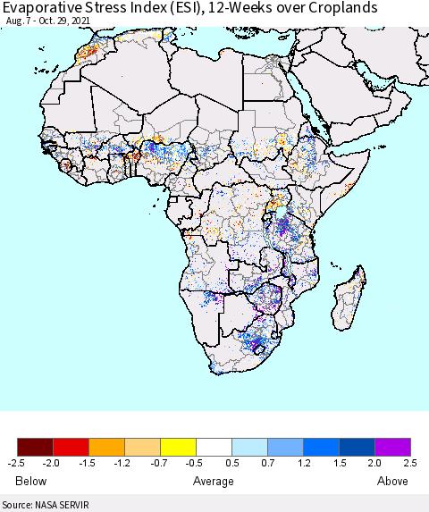 Africa Evaporative Stress Index (ESI), 12-Weeks over Croplands Thematic Map For 10/25/2021 - 10/31/2021