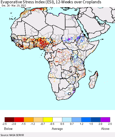 Africa Evaporative Stress Index (ESI), 12-Weeks over Croplands Thematic Map For 3/14/2022 - 3/20/2022