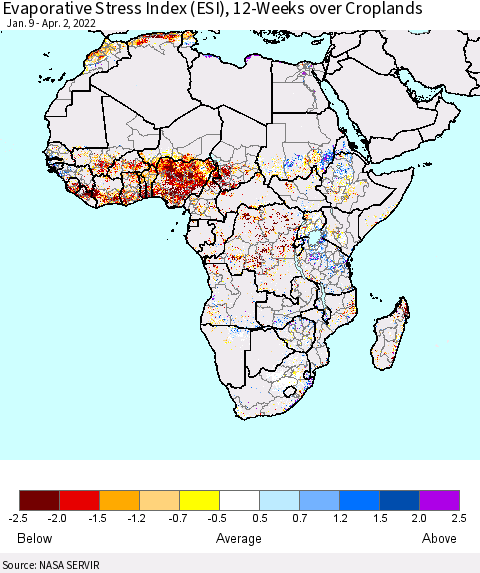 Africa Evaporative Stress Index (ESI), 12-Weeks over Croplands Thematic Map For 3/28/2022 - 4/3/2022