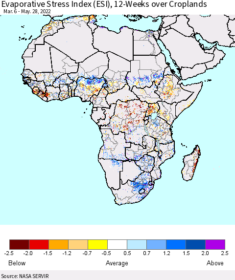 Africa Evaporative Stress Index (ESI), 12-Weeks over Croplands Thematic Map For 5/23/2022 - 5/29/2022