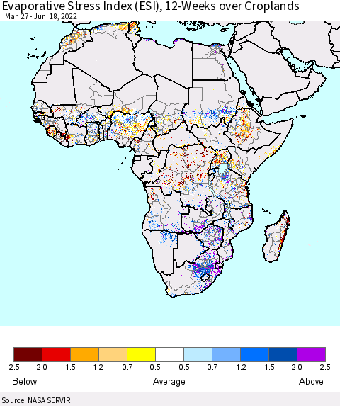 Africa Evaporative Stress Index (ESI), 12-Weeks over Croplands Thematic Map For 6/13/2022 - 6/19/2022