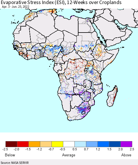 Africa Evaporative Stress Index (ESI), 12-Weeks over Croplands Thematic Map For 6/20/2022 - 6/26/2022