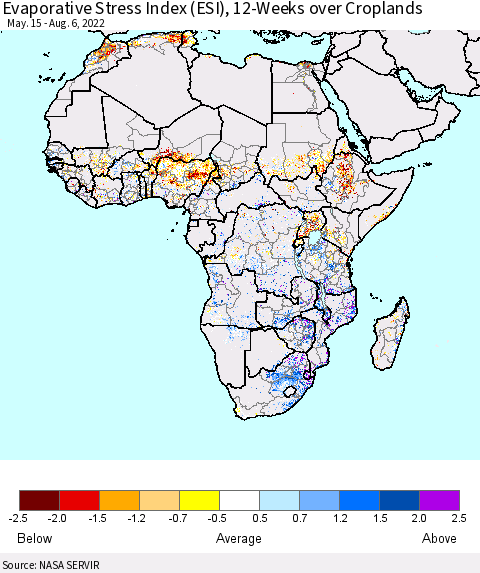 Africa Evaporative Stress Index (ESI), 12-Weeks over Croplands Thematic Map For 8/1/2022 - 8/7/2022