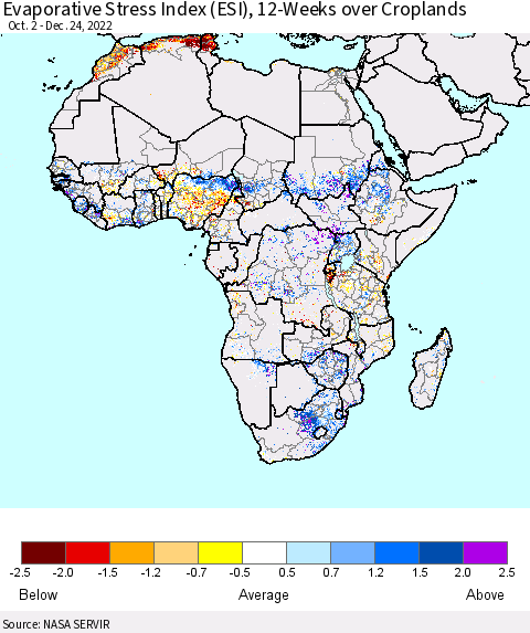 Africa Evaporative Stress Index (ESI), 12-Weeks over Croplands Thematic Map For 12/19/2022 - 12/25/2022