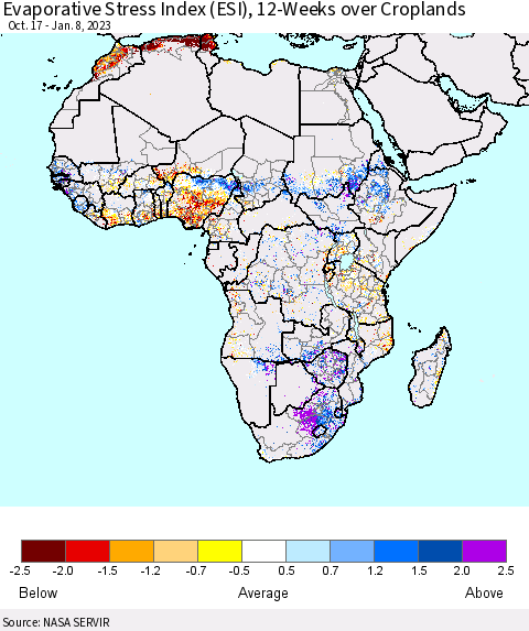 Africa Evaporative Stress Index (ESI), 12-Weeks over Croplands Thematic Map For 1/2/2023 - 1/8/2023