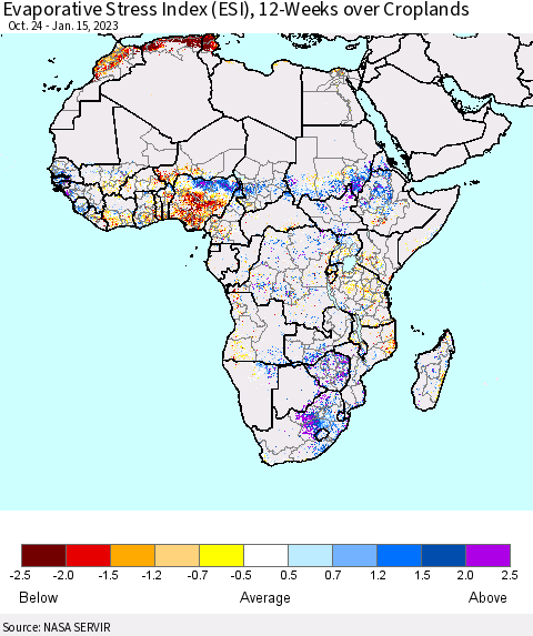 Africa Evaporative Stress Index (ESI), 12-Weeks over Croplands Thematic Map For 1/9/2023 - 1/15/2023
