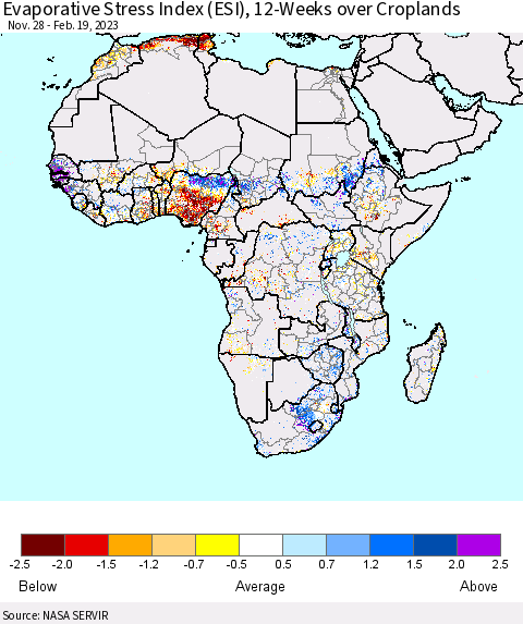 Africa Evaporative Stress Index (ESI), 12-Weeks over Croplands Thematic Map For 2/13/2023 - 2/19/2023