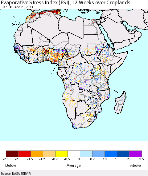 Africa Evaporative Stress Index (ESI), 12-Weeks over Croplands Thematic Map For 4/17/2023 - 4/23/2023