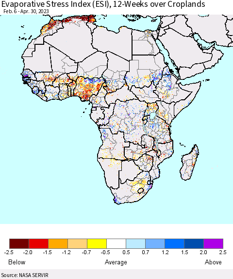Africa Evaporative Stress Index (ESI), 12-Weeks over Croplands Thematic Map For 4/24/2023 - 4/30/2023