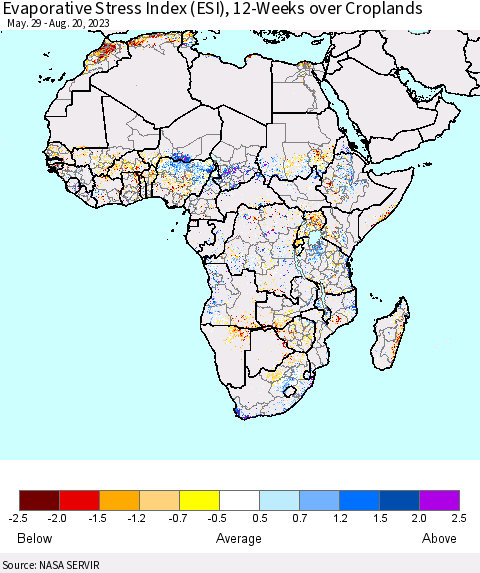 Africa Evaporative Stress Index (ESI), 12-Weeks over Croplands Thematic Map For 8/14/2023 - 8/20/2023