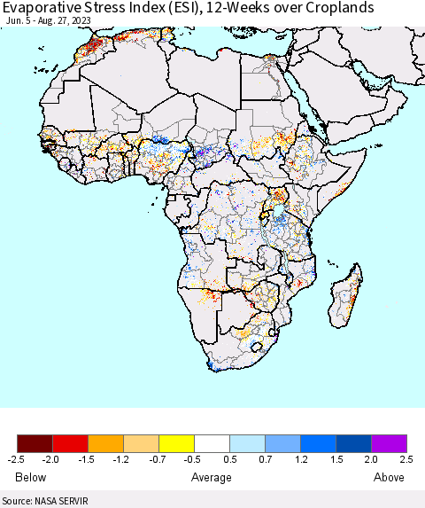 Africa Evaporative Stress Index (ESI), 12-Weeks over Croplands Thematic Map For 8/21/2023 - 8/27/2023