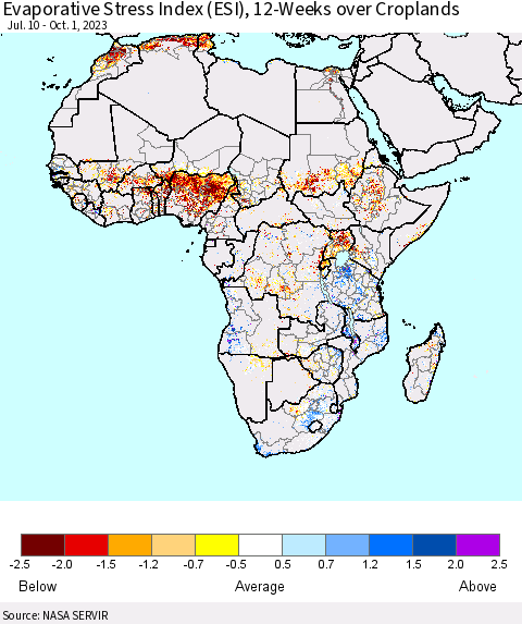 Africa Evaporative Stress Index (ESI), 12-Weeks over Croplands Thematic Map For 9/25/2023 - 10/1/2023