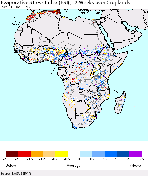 Africa Evaporative Stress Index (ESI), 12-Weeks over Croplands Thematic Map For 11/27/2023 - 12/3/2023