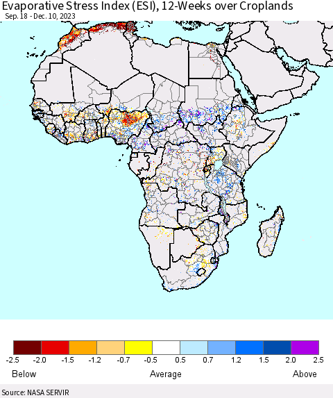Africa Evaporative Stress Index (ESI), 12-Weeks over Croplands Thematic Map For 12/4/2023 - 12/10/2023