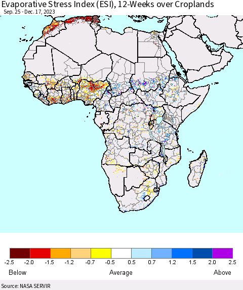 Africa Evaporative Stress Index (ESI), 12-Weeks over Croplands Thematic Map For 12/11/2023 - 12/17/2023